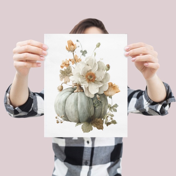 Watercolor Pumpkin with Flowers Wall Art Print Unframed - Cozy Autumn Elegance - Picture 5 of 7